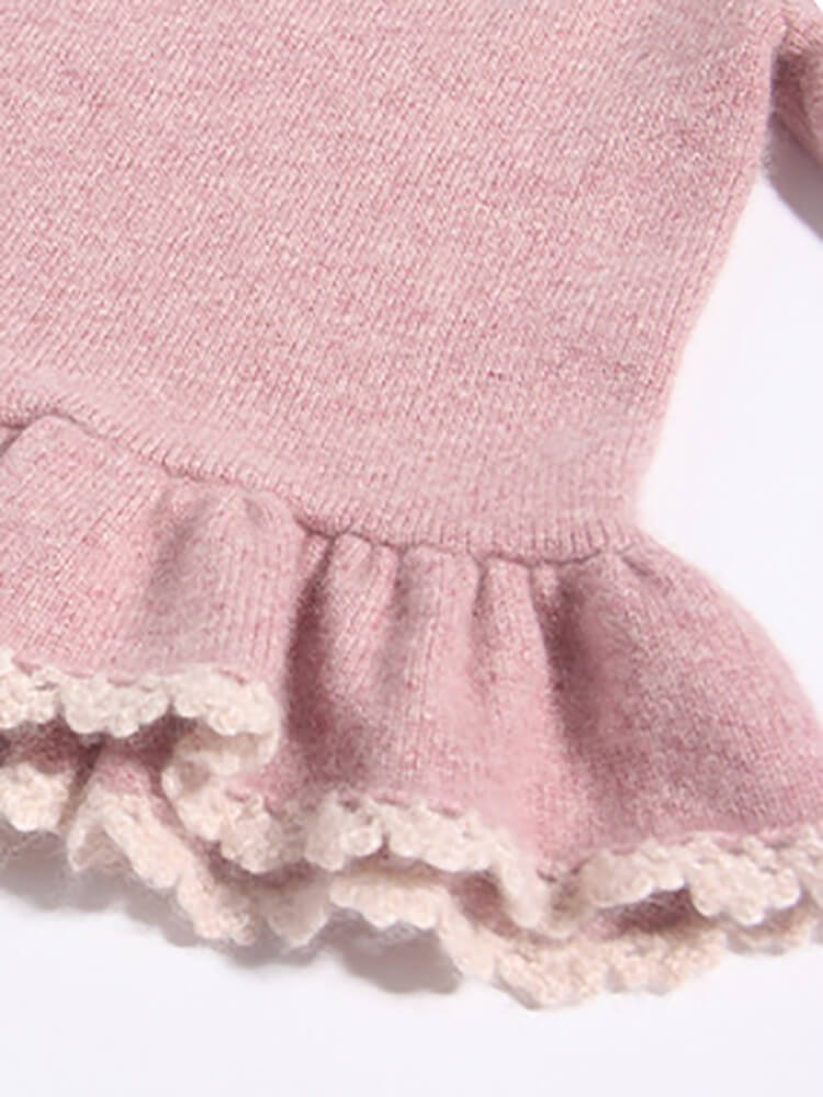 Girls Pink Cashmere Sweater with Puppy Patch and Ruffle Lace Hem